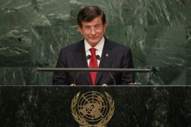 Turkey's Prime Minister Ahmet Davutoglu delivers his address during the 70th session General Debate of the United Nations General Assembly at United Nations headquarters in New York, USA, 30 September 2015.