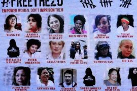Washington, District of Columbia, UNITED STATES : WASHINGTON, DC - SEPTEMBER 01: The images and names of the women that are part of the #FreeThe20 campaign are displayed at the State Department September 1, 2015 in Washington, DC. To mark the 20th anniversary of the Beijing Declaration and Platform for Action the U.S. Mission to the UN will profile 20 women political prisoners and other prisoners of concern from around the world. Chip Somodevilla/Getty Images/AFP