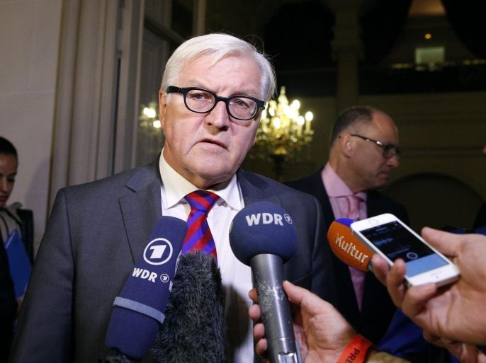 German Minister for Foreign Affairs Frank-Walter Steinmeier talks to the media upon his arrival at the Quai d'Orsay in Paris, France, 24 September 2015. French, British and German Foreign Ministers meet with Federica Mogherini, High Representative of the EU for Foreign Affairs and Security Policy, in Paris to talk about situation in Syria.