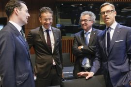 (L-R) British Chancellor of the Exchequer George Osborne, President of Eurogroup and Dutch Finance Minister Jeroen Dijsselbloem, Luxembourg's Finance Minister Pierre Gramegna and Finnish Finance Minister Alexander Stubb at the start of the third session of a European Finance Ministers meeting at the European Convention Center in Luxembourg, 12 September 2015.