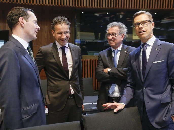 (L-R) British Chancellor of the Exchequer George Osborne, President of Eurogroup and Dutch Finance Minister Jeroen Dijsselbloem, Luxembourg's Finance Minister Pierre Gramegna and Finnish Finance Minister Alexander Stubb at the start of the third session of a European Finance Ministers meeting at the European Convention Center in Luxembourg, 12 September 2015.