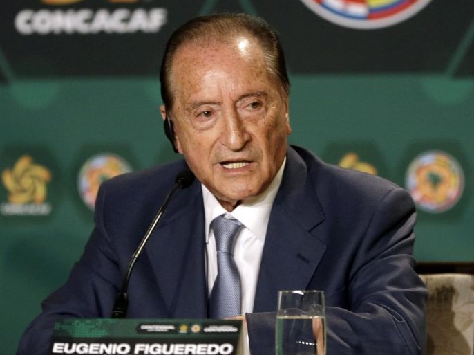 FILE - In this May 1, 2014 file photo, CONMEBOL president Eugenio Figueredo speaks during a news conference in Bal Harbour, Fla. Figueredo was among the seven FIFA officials arrested in Zurich. Figueredo, who succeeded Nicolas Leoz as the South American football federation chief before becoming a FIFA vice president in 2014, was among the seven FIFA officials arrested last week in Zurich. According to the U.S. indictment, Figueredo is one of severl South American football federation officials who accepted $110 million in bribes from a marketing company in exchange for the rights to four editions of Copa America. (AP Photo/Alan Diaz, File)