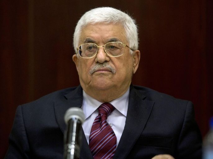 Palestinian President Mahmoud Abbas chairs a PLO executive committee meeting, in the West Bank city of Ramallah, Saturday, Aug. 22, 2015. (AP Photo/Majdi Mohammed, Pool)