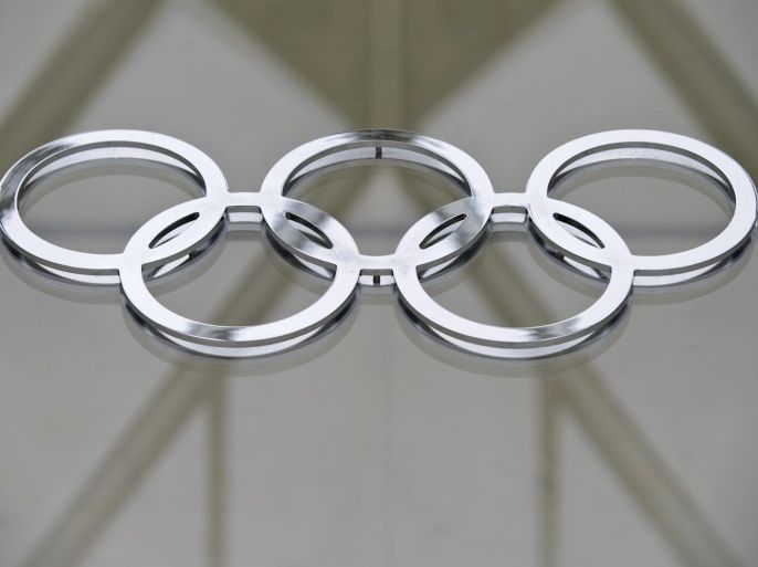 The Olympic logo is pictured in the building of the IOC (International Olympic Committee) headquarters in Lausanne on May 8, 2012.