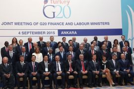 G20 finance and labour ministers and central bank governors pose for a group photo as they began a two-day meeting to discuss the global economy in the Turkish capital Ankara, Turkey, Friday, Sept. 4, 2015. The meeting comes amid concerns over market volatility, concern over a looming U.S. interest rate and slowdown in emerging economies. (AP Photo/Burhan Ozbilici)