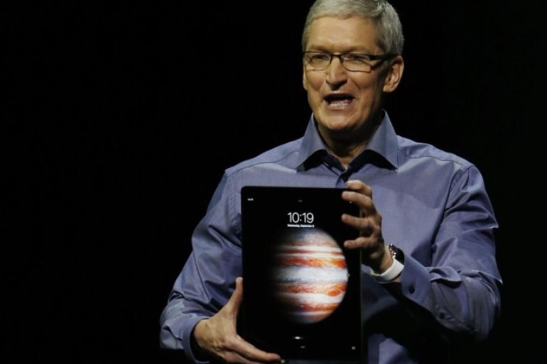 Apple CEO Tim Cook introduces the new iPad Pro during an Apple launch event at the Bill Graham Civic Auditorium in San Francisco, California, USA, 09 September 2015. Media reports indicate a launch of updated iPhone models, updated iPads and a new Apple TV are expected at the event titled in an invitation from Apple as 'Hey Siri, give us a hint.'