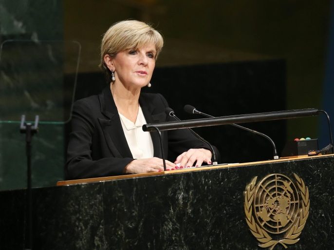 Australian Foreign Minister Julie Bishop delivers her address during the United Nations Sustainable Development Summit which is taking place for three days before the start of the 70th session General Debate of the United Nations General Assembly at United Nations headquarters in New York, New York, USA, 27 September 2015.
