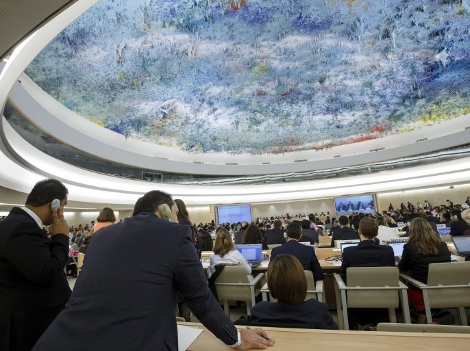 Delegates listen to a speech during the opening of the 30th session of the Human Rights Council, at the UN's European headquarters in Geneva, Switzerland, 14 September 2015. The Human Rights Council's 30th regular session is held from 14 September to 02 October 2015)