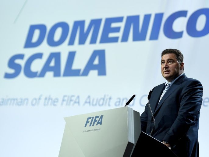 ZURICH, SWITZERLAND - MAY 29: Domenico Scala, Chairman of the FIFA Audit and Compliance Committee talks during the 65th FIFA Congress at the Hallenstadion on May 29, 2015 in Zurich, Switzerland.