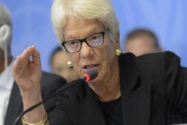 Carla del Ponte, Member of the Commission of Inquiry on the Syrian Arab Republic, speaks during a press conference about the launch of latest report by the Commissionto the Human Rights Council, at the European headquarters of the United Nations, in Geneva, Switzerland, Thursday, Sept, 3, 2015. (Martial Trezzini/Keystone via AP)