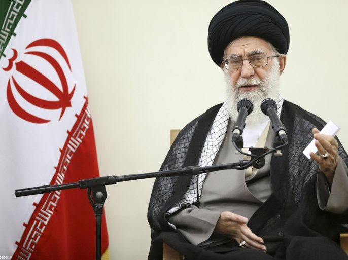 In this picture released by official website of the office of the Iranian supreme leader on Thursday, Sept. 3, 2015, Supreme Leader Ayatollah Ali Khamenei speaks in a meeting with members of Iran's Experts Assembly in Tehran, Iran. Iran's supreme leader says world powers must lift international sanctions and not merely suspend them as part of a landmark nuclear agreement. Ayatollah Ali Khamenei said "there will be no deal" if the sanctions are not lifted. (Office of the Iranian Supreme Leader via AP)