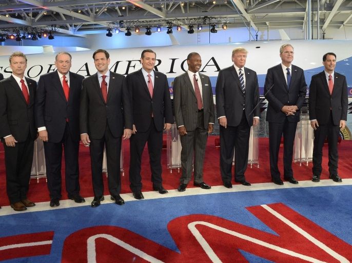 US Republican presidential candidates line up for a photo opportunity prior to the start of the second GOP Presidential candidates debate at the Ronald Reagan Presidential Library in Simi Valley, California, USA, 16 September 2015.
