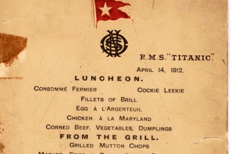This undated photo provided by Lion Heart Autographs shows the Titanic’s last lunch menu, which is going to auction and is estimated to bring $50,000 to $70,000. The menu - saved by a passenger who climbed aboard the so-called “Money Boat” before the ocean liner went down - will be sold by Lion Heart Autographs, an online New York auctioneer, along with two other previously unknown artifacts from Lifeboat 1 on Sept. 30, 2015. The auction marks the 30th anniversary of the wreckage’s discovery at the bottom of the Atlantic Ocean. (Lion Heart Autographs via AP)