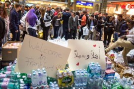 Supplies are set up next to a welcome message in readiness for the arrival of refugees, in Frankfurt's main station, Germany, 05 September 2015. The refugees will be taken to accommodation in Saxony, Saxony-Anhalt and Thuringia Saalfeld by bus. Thousands of refugees streamed into Austria and on to Germany after being allowed to leave Hungary, putting further strain on EU unity as the bloc struggles with its biggest influx of migrants since World War II.