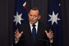 Australian Prime Minister Tony Abbott gestures as he speaks to the media during a press conference at Parliament House in Canberra, Australia, 06 September 2015. Abbott announced on 06 September that Australia was prepared to take more refugees from war-torn Syria. But the increase in Syrian refugees will not lift the overall intake of refugees that Australia already takes from around the world, Abbott said. His decision came after an increasing number of senior party members insisted on doing more to assist the refugee crisis in Europe. Abbott did not give a specific figure, but said the focus will be on taking more people from persecuted minorities who are in refugee camps in the region. Australia took 13,750 refugees from around the world between July 2014 and June 2015. Of those, 4,400 of were from Syria and Iraq. The total annual intake of refugees is due to increase to 18,750 by 2018. EPA/LUKAS COCH AUSTRALIA AND NEW ZEALAND OUT
