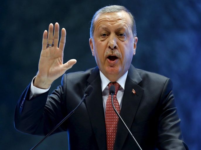 Turkey's President Tayyip Erdogan addresses a conference in Ankara, Turkey, September 3, 2015. Turkish President Tayyip Erdogan called on Thursday for developed countries, notably in Europe, to be more sensitive on the immigration crisis, saying he did not consider the way some European countries classify refugees as humane. In a speech at a conference in Ankara, Erdogan also said that terrorism was the biggest threat to the economy and a growing problem on which Western nations were not showing enough sensitivity. REUTERS/Umit Bektas