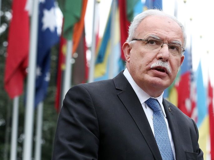 Riad Al-Maliki, Palestine's Minister of Foreign Affairs speaks during the raising ceremony of the Palestinian flag at the United Nations Office in Geneva, 13 October 2015. The ceremony is being organized in accordance with a resolution adopted by the UN General Assembly on 10 September, whereby the flags of non-member observer States can now be flown at United Nations headquarters and offices around the world.