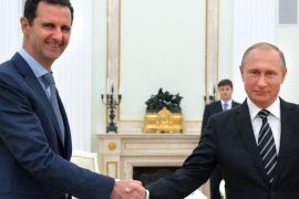 A picture made available on 21 October 2015 shows Russian President Vladimir Putin (R) shaking hands with Syrian President Bashar al-Assad during their meeting at the Kremlin in Moscow, Russia, 20 October 2015. Beleaguered Syrian President Bashar al-Assad travelled to Moscow for talks with his Russian counterpart Vladimir Putin, the Kremlin revealed on 21 October 2015. Assad and Putin discussed the situation in war-torn Syria on 20 October 2015 evening during the talks that had not been made public in advance, the Kremlin spokesman said. The talks dealt with the 'fight against terrorist extremist groups' and with Russian air support for attacks by Syrian troops on the ground. Russia has been carrying out airstrikes in Syria since the end of September. Moscow has declared the so-called Islamic State (IS or ISIS) as the main enemy, but Western nations have accused Moscow of attacking other groups opposed to the Assad regime.  EPA/ALEXEY DRUZHINYN/RIA NOVOSTI/POOL ALTERNATIVE CROP