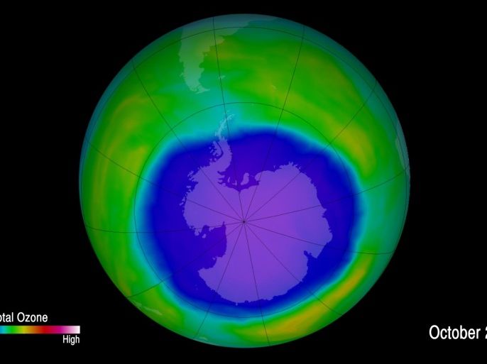 This image provided by NOAA shows the ozone hole. The Antarctic ozone hole has swelled this month to one of its biggest sizes on record, U.N. and U.S. scientists say, insisting that the Earth-shielding ozone layer remains on track to long-term recovery but residents of the southern hemisphere should be on watch for high UV levels in the weeks ahead. (NOAA via AP)
