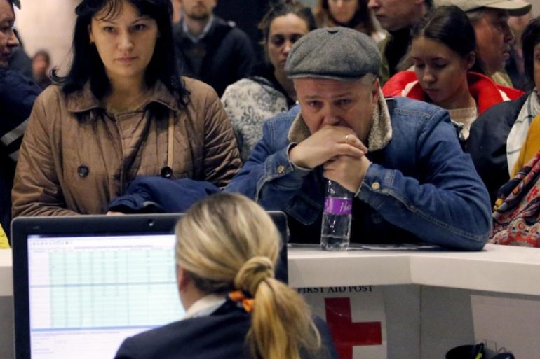 Relatives of passengers of MetroJet Airbus A321 stand at an informstion desk at Pulkovo II international airport in St. Petersburg, Russia, 31 October 2015. A Russian plane which went missing in Egypt on 31 October 2015 with 224 aboard has crashed in the Sinai, the Egyptian Civil Aviation Ministry confirmed. The ministry said in a statement that the debris from the plane had been found near the al-Arish airport, in the Sinai Peninsula. The plane was on a flight to St Petersburg, in Russia, reported the Itar-Tass news agency.