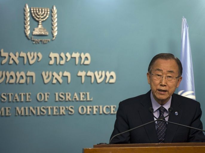 UN Secretary General Ban Ki-moon and Israeli Prime Minister Benjamin Netanyahu (not pictured) address the press before their official meeting, at Netanyahu's office in Jerusalem, Israel, 20 October 2015. In a surprise emergency visit to the region, Ban urged Palestinians to stop knife attacks and violent protests, and Israel to stop security measures such as demolishing homes and erecting walls, acts that he warned would only add to Palestinian desperation and frustration. Ban is expected to also meet with Palestinian President Abbas in Ramallah during his short visit, in an attempt to end the wave of violence between Israelis and Palestinians.