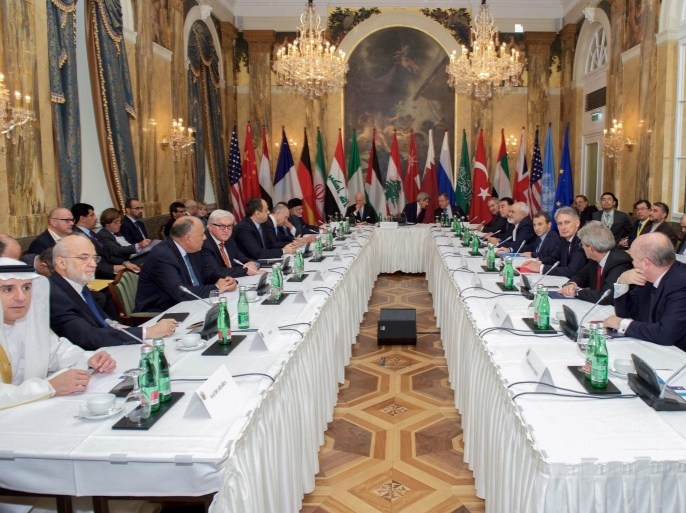 A handout photograph made avaiable by the US Department of State showing US Secretary of State John Kerry (C-R) sitting with his fellow Foreign Ministers at the Hotel Imperial in Vienna, Austria, 30 October 2015, prior to a group discussion about ways to stop the fighting in Syria. UN Syria envoy Staffan de Mistura said on 30 October 2015 that the peace negotiations in Vienna could offer a 'light at the end of the tunnel' in the war. Among the countries attending are Saudi Arabia, Turkey, Jordan, Egypt, the United Arab Emirates, Qatar, Iraq and Lebanon Germany, USA, Russia, Britain, France, Italy. EPA/US DEPARTMENT OF STATE / HANDDOUT