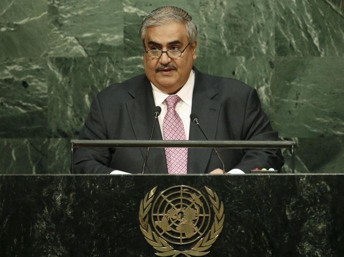 Bahrain's Foreign Minister Sheikh Khaled bin Ahmed al-Khalifa addresses attendees during the 70th session of the United Nations General Assembly at U.N. Headquarters in New York, October 2, 2015. REUTERS/Mike Segar