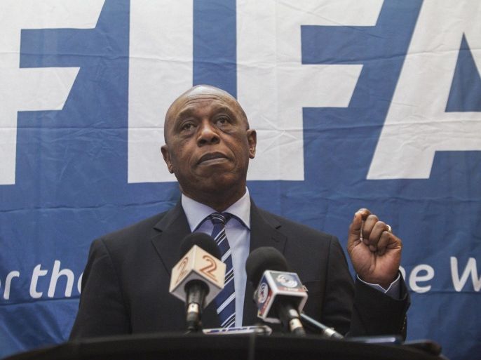 Chairman of the FIFA Monitoring Committee Israel-Palestine, Tokyo Sexwale speaks to the media during a press conference in Tel Aviv, Israel, Friday, Oct. 2, 2015. Sexwale, who was an anti-apartheid campaigner and former political prisoner on Robben Island, is still deliberating over whether to stand in the FIFA presidential election. “There is a still a deadline ... but we still have some days and I am sure that in the right time I will make an announcement,” Sexwale said in the conference Friday where he headed a meeting on Israeli-Palestinian football relations. (AP Photo/Dan Balilty)