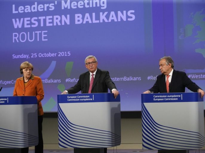 (L-R) German Chancellor Angela Merkel, European Commission President Jean-Claude Juncker and High Commissioner for Refugees, Portuguese, Antonio Guterres give a final press briefing at the end of a summit to discuss refugee flows along the Western Balkans route, at the European Commission in Brussels, Belgium, 25 October 2015. President Juncker convened the leaders of the countries concerned and most affected by the emergency situation along the Western Balkans route. The aim of the summit is to improve cooperation and step up consultation between the countries along the route and decide on pragmatic operational measures that can be implemented immediately to tackle the refugee crisis in that region.