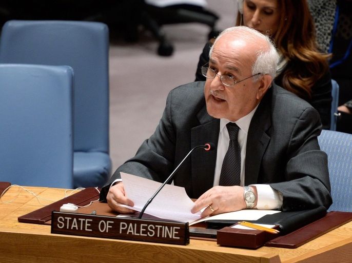 Ambassador Riyad Mansour, Permanent Observer of the State of Palestine to the United Nations, addresses a United Nations Security Council meeting on the recent Israeli-Palestinian violence, at United Nations headquarters in New York, New York, USA, 16 October 2015. In the past month, eight Israelis have been killed in Palestinian attacks and 34 Palestinians have been killed by Israeli gunfire.
