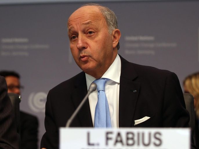French foreign minister Laurent Fabius delivers remarks during the United Nations (UN) climate conference in Bonn, Germany, 20 October 2015. The conference is held in preparation for the United Nations Climate Change Conference to be held in Paris, France, from 30 November to 11 December 2015.