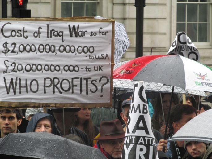 مظاهرة جرت في لندن 2014 للتنديد بالحرب على العراق ونتائجها والتحذير من حروب جديدة