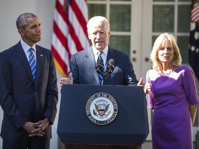 US Vice President Joe Biden (C), along with US President Barack Obama (L) and Biden's wife Dr. Jill Biden (R), announces that he will not seek the 2016 Presidential nomination in the Rose Garden of the White House in Washington, DC, USA, 21 October 2015. Biden said he believed it was too late for him to mount a campaign.