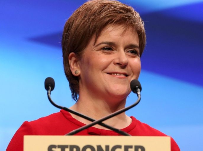 Scotland's First Minister and leader of the Scottish National Party (SNP) Nicola Sturgeon speaks at the SNP's annual conference in Aberdeen, Scotland, October 17, 2015. Sturgeon accused Prime Minister David Cameron of playing 'fast and loose' with Britain's place in the European Union on Saturday, criticising his renegotiation strategy before a public vote on remaining an EU member. Britain's future in Europe has become a defining issue for the country. Cameron has promised to negotiate new membership terms before holding a referendum by the end of 2017 on whether to leave the EU. REUTERS/Russell Cheyne