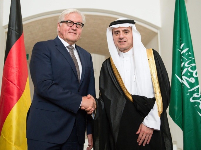 German Foreign Minister, Frank-Walter Steinmeier (L) shakes hands with Saudi Foreign Minister Adel bin Ahmed Al-Jubeir (R), her at the foreign ministry in Riyadh, Saudi Arabia, 19 October 2015. Steinmeier is on a tour of the middle East in order to find a solution to the ongoing Syrian civil war and resulting refugee crisis, and while in Saudi Arabia asked that Gulf countries do more to help with the humanitarian response assisting those fleeing the conflict.