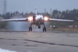 A frame grab taken from footage released by Russia's Defence Ministry October 15, 2015, shows a Sukhoi Su-24M military aircraft landing on the tarmac at the Hmeymim air base near Latakia, Syria. Russia's air force hit 32 Islamic State positions in Syria over the past 24 hours, reducing the intensity of its air campaign to focus on new targets as militants regroup on the ground, the Russian defence ministry said on Thursday. REUTERS/Ministry of Defence of the Russian Federation/Handout via Reuters ATTENTION EDITORS - FOR EDITORIAL USE ONLY. NOT FOR SALE FOR MARKETING OR ADVERTISING CAMPAIGNS. THIS IMAGE HAS BEEN SUPPLIED BY A THIRD PARTY. IT IS DISTRIBUTED, EXACTLY AS RECEIVED BY REUTERS, AS A SERVICE TO CLIENTS. REUTERS IS UNABLE TO INDEPENDENTLY VERIFY THE AUTHENTICITY, CONTENT, LOCATION OR DATE OF THIS IMAGE. FOR EDITORIAL USE ONLY. NO RESALES. NO ARCHIVE.