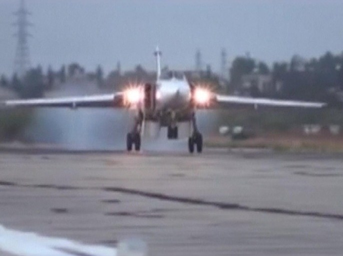 A frame grab taken from footage released by Russia's Defence Ministry October 15, 2015, shows a Sukhoi Su-24M military aircraft landing on the tarmac at the Hmeymim air base near Latakia, Syria. Russia's air force hit 32 Islamic State positions in Syria over the past 24 hours, reducing the intensity of its air campaign to focus on new targets as militants regroup on the ground, the Russian defence ministry said on Thursday. REUTERS/Ministry of Defence of the Russian Federation/Handout via Reuters ATTENTION EDITORS - FOR EDITORIAL USE ONLY. NOT FOR SALE FOR MARKETING OR ADVERTISING CAMPAIGNS. THIS IMAGE HAS BEEN SUPPLIED BY A THIRD PARTY. IT IS DISTRIBUTED, EXACTLY AS RECEIVED BY REUTERS, AS A SERVICE TO CLIENTS. REUTERS IS UNABLE TO INDEPENDENTLY VERIFY THE AUTHENTICITY, CONTENT, LOCATION OR DATE OF THIS IMAGE. FOR EDITORIAL USE ONLY. NO RESALES. NO ARCHIVE.
