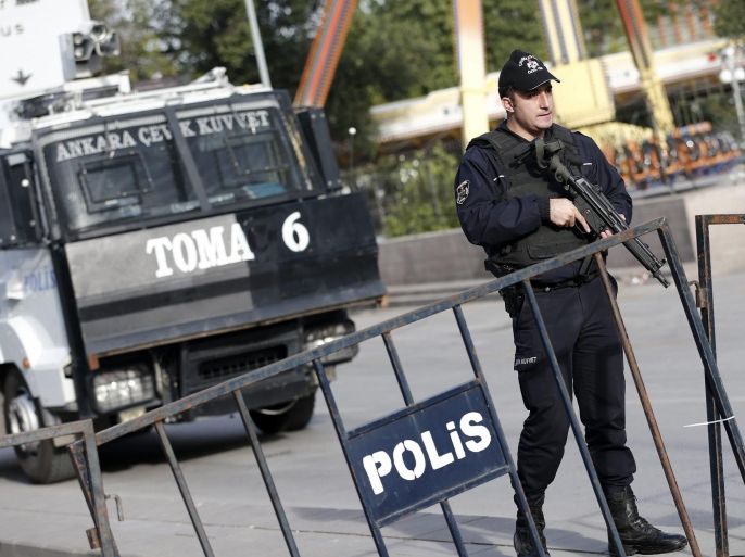 Turkish police secure the area one day after multiple explosions ahead of a rally, in Ankara, Turkey, 11 October 2015. Twin bomb blasts on 10 October killed at least 95 people gathering for a pro-Kurdish peace rally in the Turkish capital, Ankara, in the worst attack in Turkey's modern history. No group has claimed responsibility for the attack, which comes just three weeks before snap general elections set for 01 November and the G20 heads-of-government summit later next month, raising security concerns.