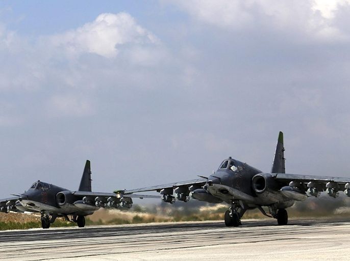 A handout picture dated 04 October 2015 made available on the official website of the Russian Defence Ministry on 06 October 2015 shows two Russian SU-25 strike fighters taking off from the Syrian Hmeymim airbase, outside Latakia, Syria. Russian warplanes involved in carrying out airstrikes against what Russia says terrorist Islamic State (ISIS or IS) facilities is deployed at the Hmeymim airbase.