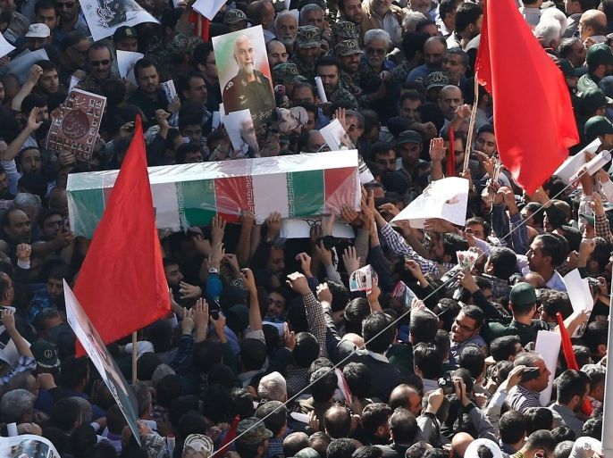 Iranian mourners carry the coffin of late Iranian Revolutionary Guard commander, General Hossein Hamedani, during his funeral ceremony, in Tehran, Iran, 11 October 2015. Reports said that General Hussein Hamedani, of the elite Iranian Revolutionary Guards, was killed by the Islamic State in an area on the outskirts of Aleppo, late 08 October 2015.