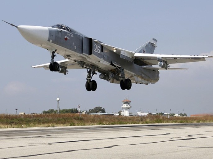 In this photo taken from Russian Defense Ministry official web site on Tuesday, Oct. 6, 2015, a Russian SU-24M jet fighter takes off from an airbase Hmeimim in Syria. A spokeswoman for the Russian foreign ministry has rejected claims that Russia in its airstrikes in Syria is targeting civilians or opposition forces. (Russian Defense Ministry Press Service via AP)