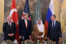 A handout picture released by the Russian Foreign Ministry Press Service shows Turkish Foreign Minister Feridun Sinirloglu (L-R), US Secretary of State John Kerry, Saudi Foreign Minister Adel al-Jubeir, and Russian Foreign Minister Sergei Lavrov during their meeting focused on Syria at the Imperial Hotel in Vienna, Austria, 23 October 2015. Kerry and Lavrov, have begun talks in Vienna expected to focus on the Syria conflict. Russia and the United States have been conducting opposing bombing campaigns in war-torn Syria - Russia in support of the Syrian government and the US in support of rebels trying to overthrow that government.