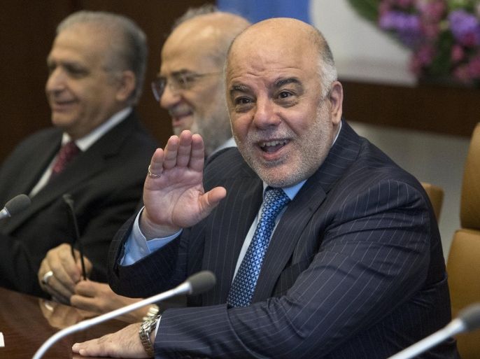 Iraqi Prime Minister Haider Al Abadi gestures during a meeting with U.N. Secretary-General Ban Ki-moon during the United Nations General Assembly at the United Nations in Manhattan, New York September 30, 2015. REUTERS/Andrew Kelly