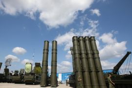 Russian anti-aicraft missile systemes S-300 (R) and S-400 (L) are on display at a military industrial exhibition 'Technologies in machine building' in the city of Zhukovsky, Moscow region, Russia, 11 August 2014. Reports state that the key topic of this year agenda is the replacment of imported components with domestic production. Many components for Russian arms, engines all helicopter and some aircraft engines for example, were produced in Ukraine and now banned for export to Russia.