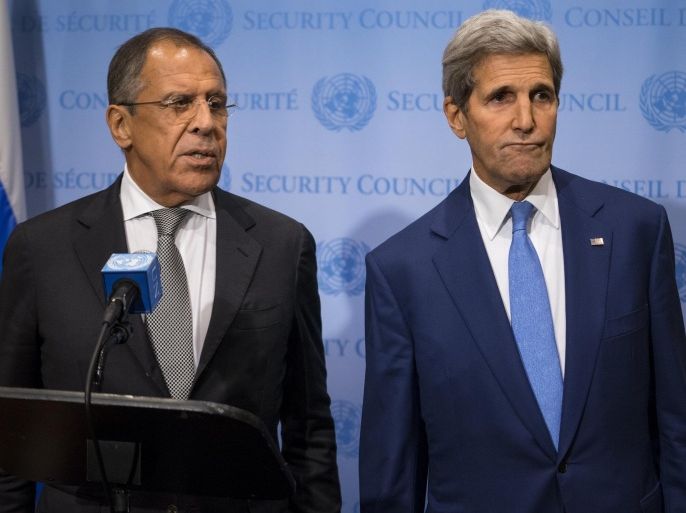 Russia's Foreign Minister Sergey Lavrov, left, speaks during a news conference next to U.S. Secretary of State John Kerry at the U.N., Wednesday, Sept. 30, 2015. (AP Photo/Craig Ruttle)