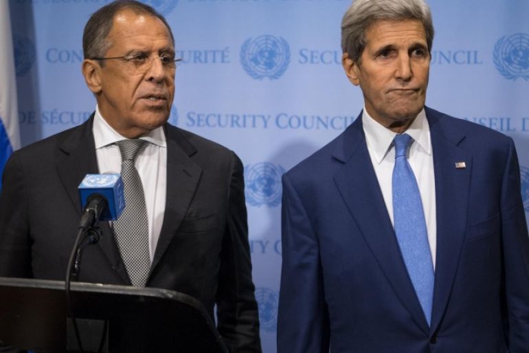 Russia's Foreign Minister Sergey Lavrov, left, speaks during a news conference next to U.S. Secretary of State John Kerry at the U.N., Wednesday, Sept. 30, 2015. (AP Photo/Craig Ruttle)