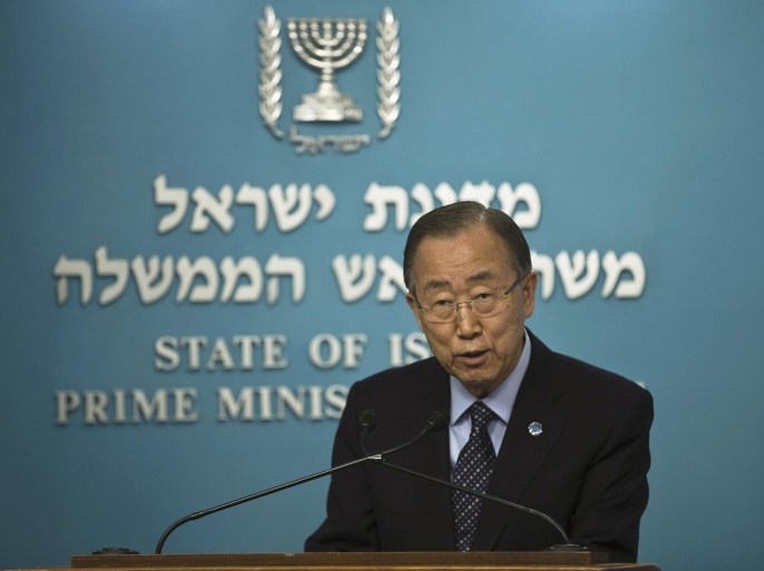 U.N. Secretary-General Ban Ki-moon speaks during a joint statement to the media with Israel's Prime Minister Benjamin Netanyahu in Netanyahu's office in Jerusalem October 20, 2015. Ban urged Palestinians and Israel on Tuesday to step back from a "dangerous abyss" as he arrived on a snap visit to the region at the head of international efforts to quell three weeks of violence. REUTERS/Ronen Zvulun