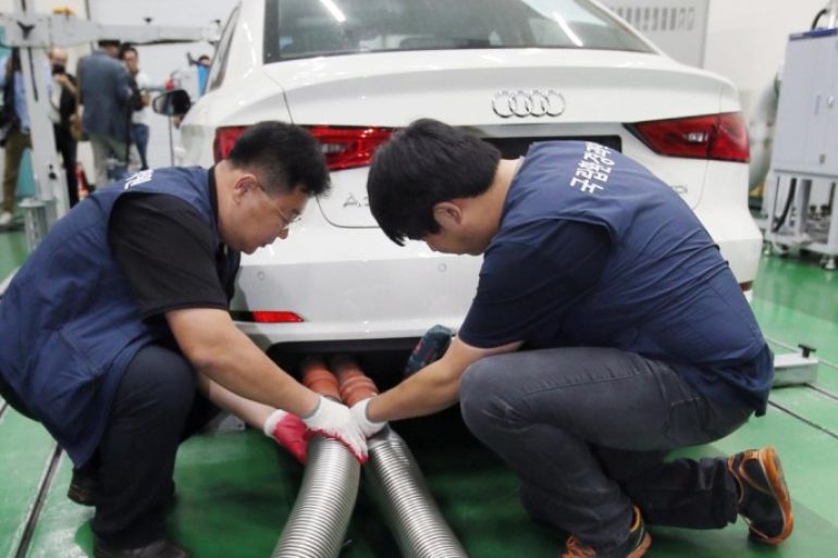 Inspectors from the National Institute of Environmental Research conduct an emissions test on Volkswagen's A3 model at a research center in Incheon, west of Seoul, South Korea, 01 October 2015, as part of its probe into four suspected Volkswagen and Audi models over a potential emissions scam. Subject to investigation are the Golf, the Jetta, the Beetle and the A3, which were allowed to be imported after meeting the Euro 6 standards. The results of the probe will likely be announced next month. EPA/YONHAP SOUTH KOREA OUT