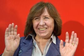 (FILE) A file picture dated 11 October 2013 shows Belarusian writer Svetlana Alexievich gesturing during a press conference at the Frankfurt Book Fair, in Frankfurt am Main,Â Germany. Alexievich has won the 2015 Nobel Prize in Literature, The Swedish Academy announced in Stockholm on 08 October 2015. EPA/ARNEÂ DEDERT *** Local Caption *** 51036893