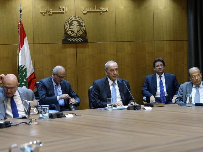 Lebanese Prime Minister, Tammam Salam (L), Parliament Speaker, Nabih Berri (C), and Patriotic Movement leader and former Prime Minister, Michel Aoun (R), attend the fourth session of the national dialogue to discuss the country's political crisis, at the Lebanese Parliament building, downtown Beirut, Lebanon, 06 October 2015. Talks among various political factions in Lebanon are expected to focus on means to end the presidential vacuum, legislative law and new elections.